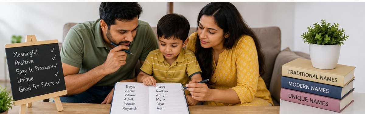 बच्चे के लिए सही नाम चुनता परिवार