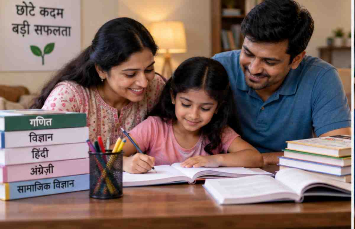 माता-पिता बच्चों की पढ़ाई में मदद करते हुए