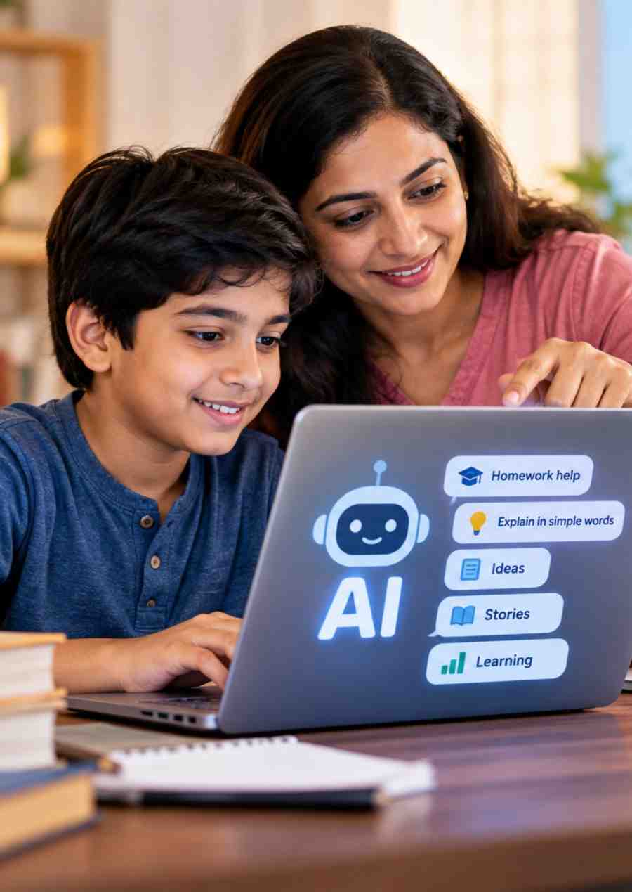 बच्चे और AI की मदद से पढ़ाई करते बच्चे और माता-पिता