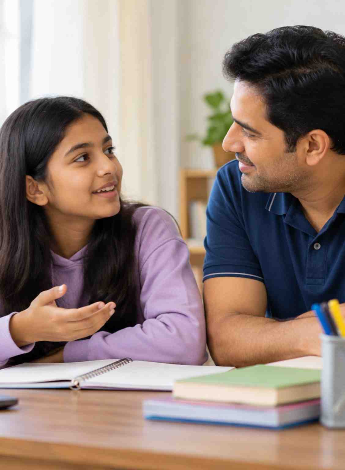 बच्चों से कैसे बात करें – माता-पिता बच्चे की बात ध्यान से सुनते हुए