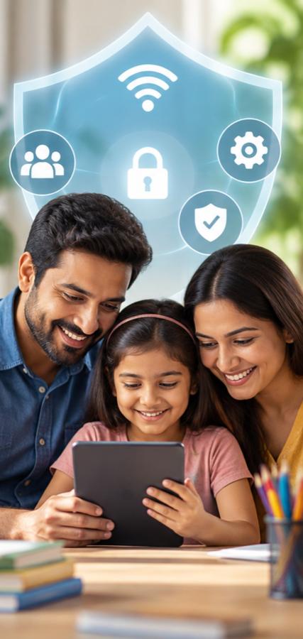 माता-पिता बच्चों को ऑनलाइन सुरक्षा समझाते हुए