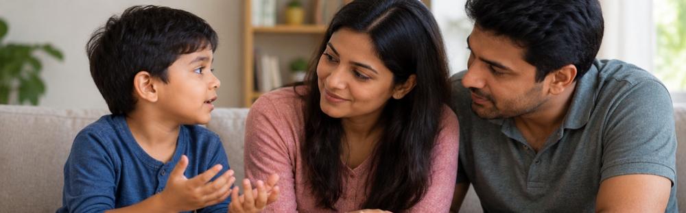 बच्चे झूठ क्यों बोलते हैं, माता-पिता से बात करता बच्चा