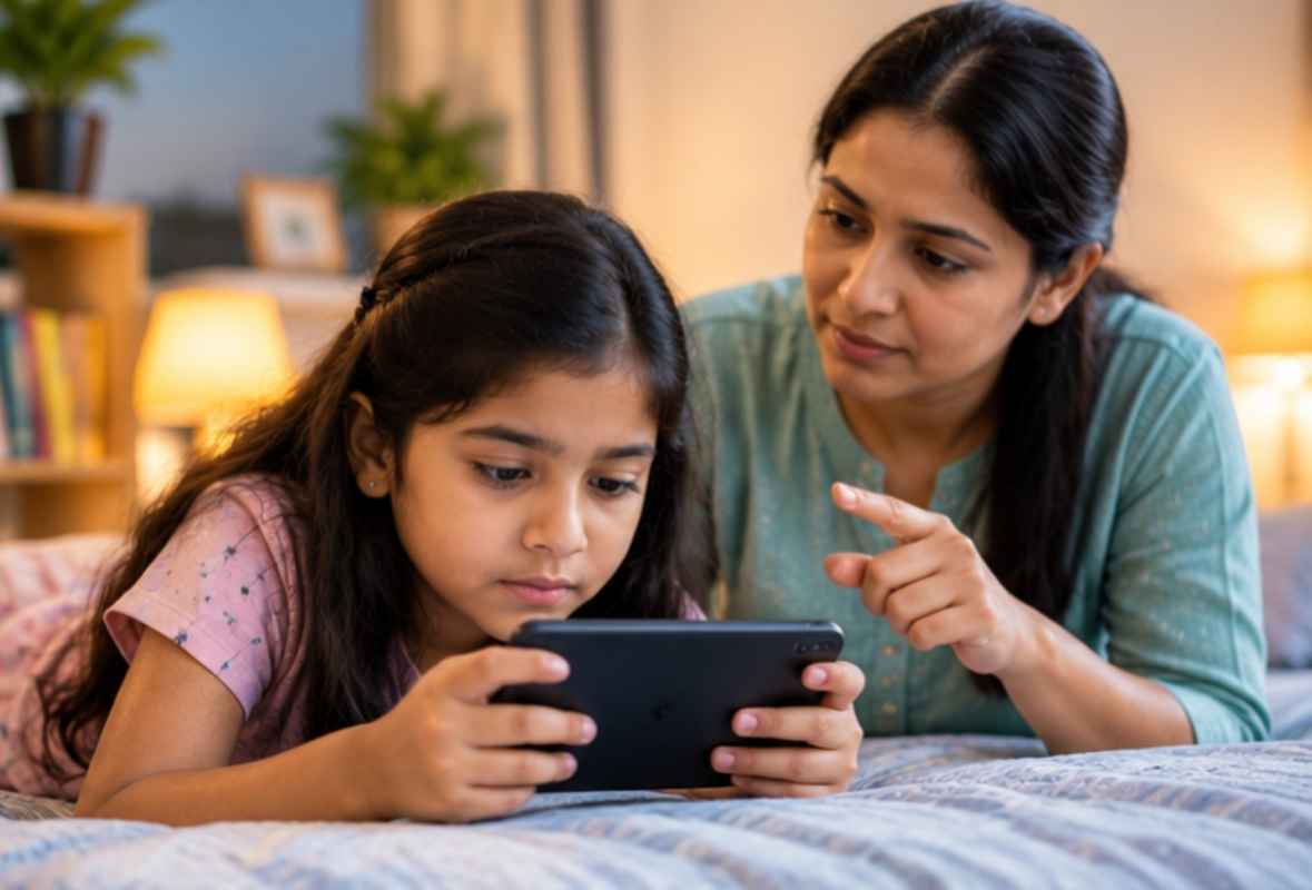 माता पिता बच्चे को मोबाइल इस्तेमाल करने का नियम समझाते हुए