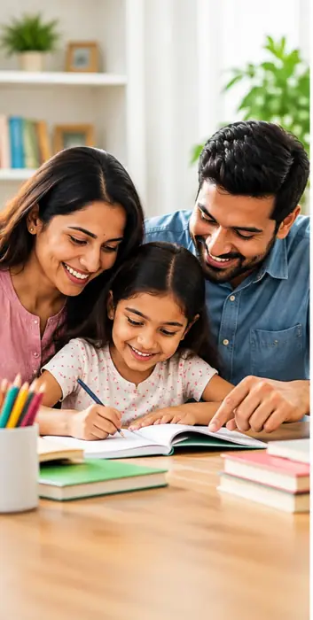 माता-पिता बच्चे के साथ परिवार की जिम्मेदारी निभाते हुए