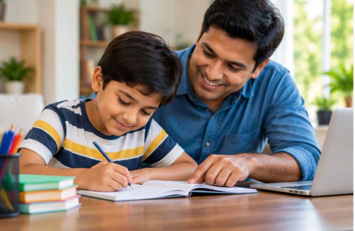 माता पिता बच्चे की पढ़ाई में मदद करते हुए